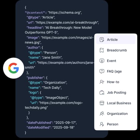 A JSON-LD Article block beside a menu of schema types including Breadcrumb, Event, FAQ Page, and Local Business
